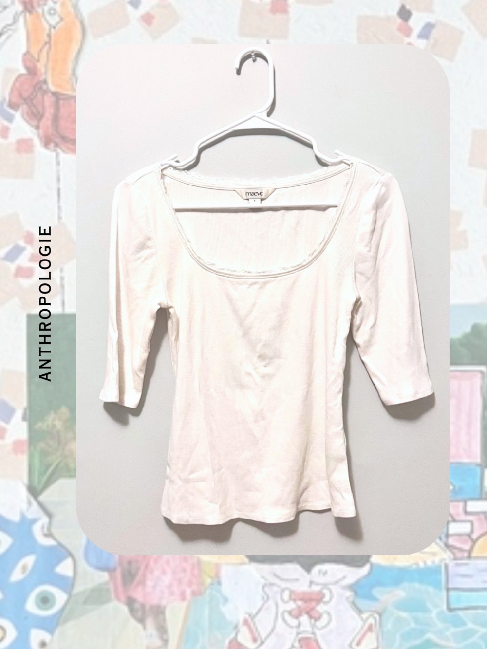 Maeve Anthropologie White Lace Trim Quarter Sleeve Square Neck Top